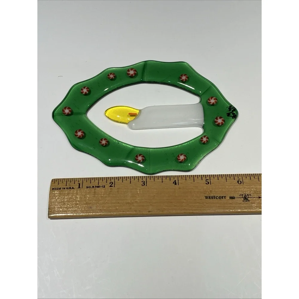 Handcrafted Fused Glass Christmas Wreath & Candle Suncatcher Peppermint Signed
